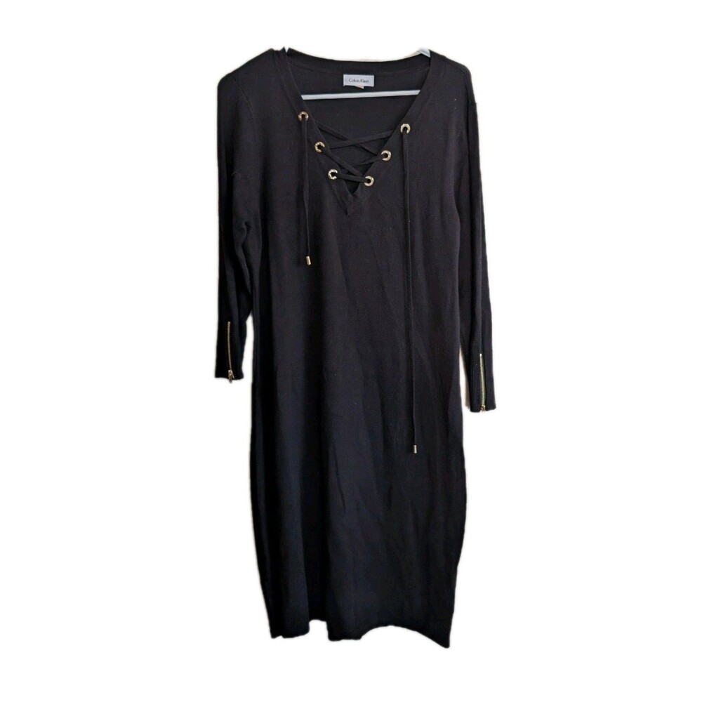 Calvin Klein Black Lace-Up Long Sleeve Sweater Dress Size S Casual Chic